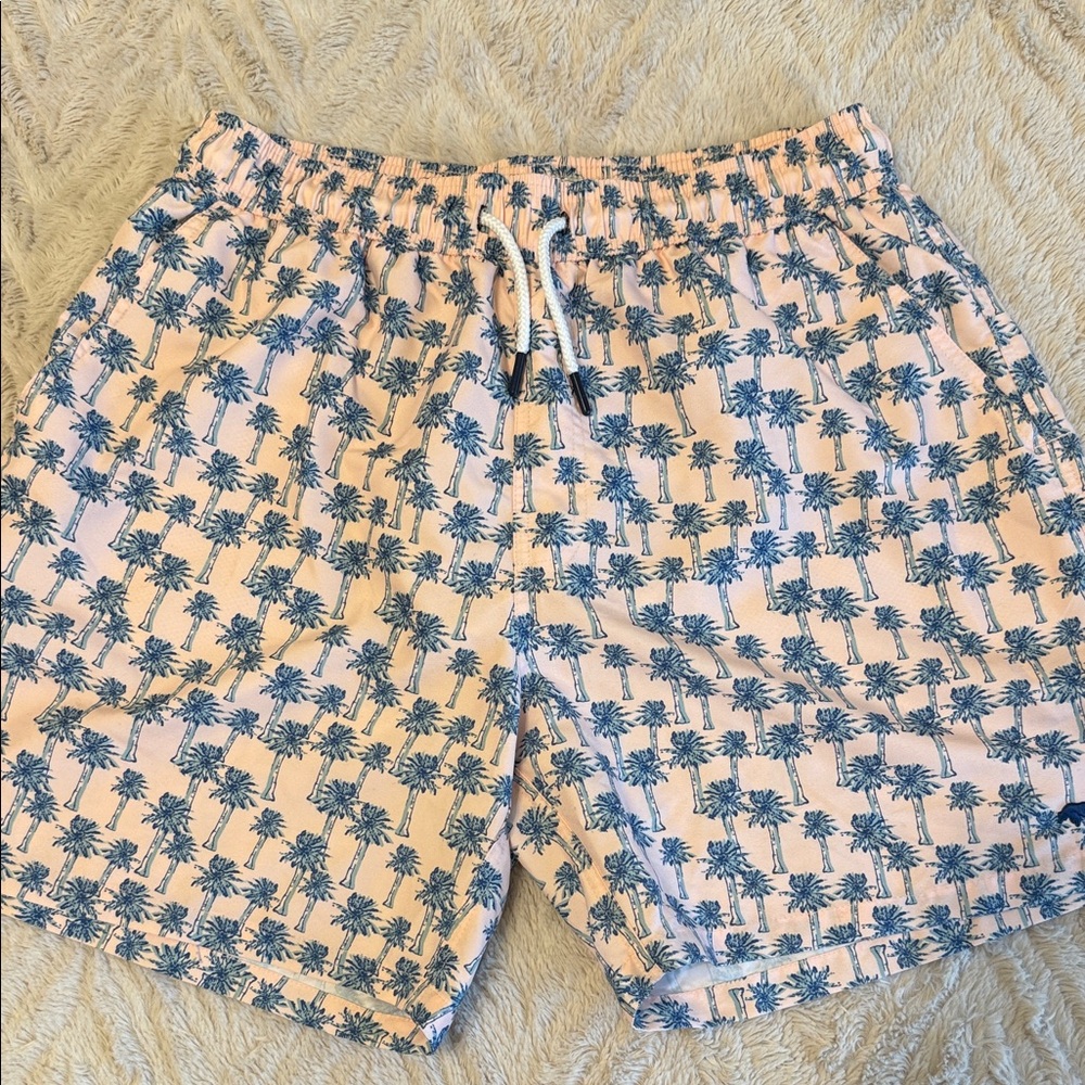 Men's Pink Palm-Print Swim Trunks with Blue Motif